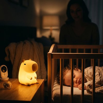 Veilleuse bébé capybara-éclairé-bebe- dormir-dans-berceau