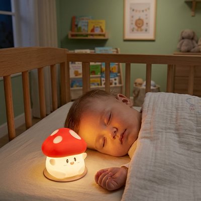 Veilleuse bébé champignon bebe dort paisiblement dans berceau