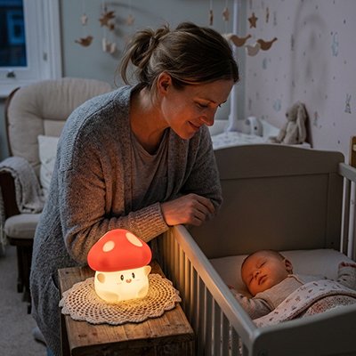 Veilleuse bébé champignon maman                         regarde son bébé dort paisiblement 