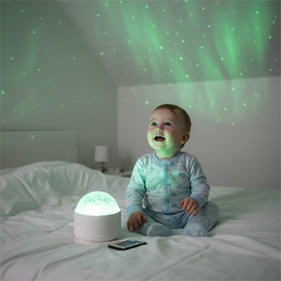 Veilleuse projection bébé assis amuse sur lit