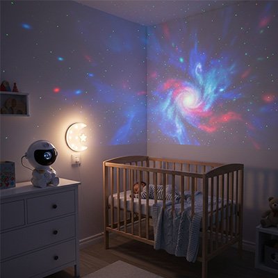 Veilleuse projection bebe dort dans berceau chambre coloré
