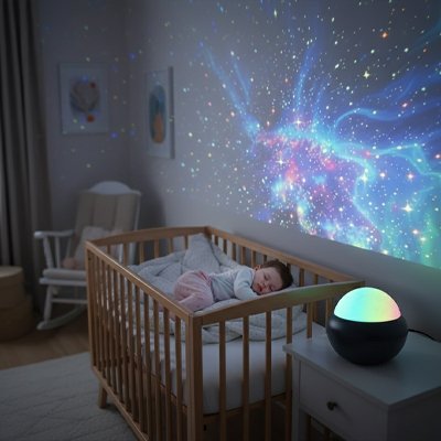 Veilleuse projection bébé dort dans berceau