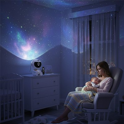 Veilleuse projection bebe dort dans bras maman chambre colorée