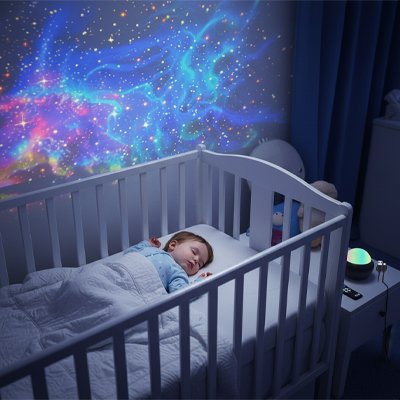 Veilleuse projection bébé dort dans berceau blanc