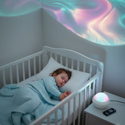 Veilleuse projection blanc bébé dort dans berceau