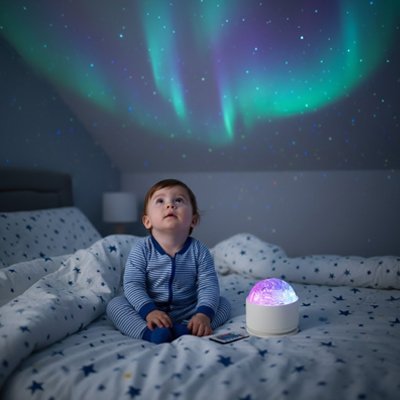 Veilleuse projection blanc sur lit avec bébé garçon