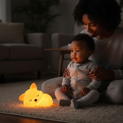 Veilleuse renard bébé et maman joue ensemble sur tapis