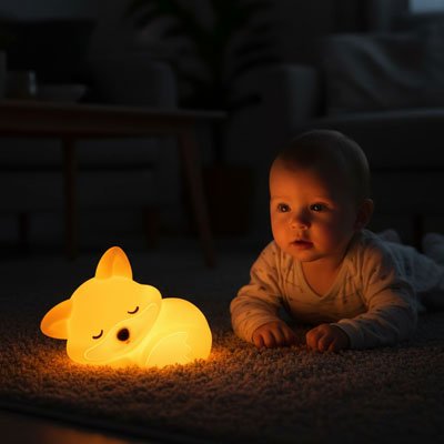 Veilleuse renard bébé joue sur tapis