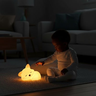 Veilleuse renard sur tapis bébé assis joue
